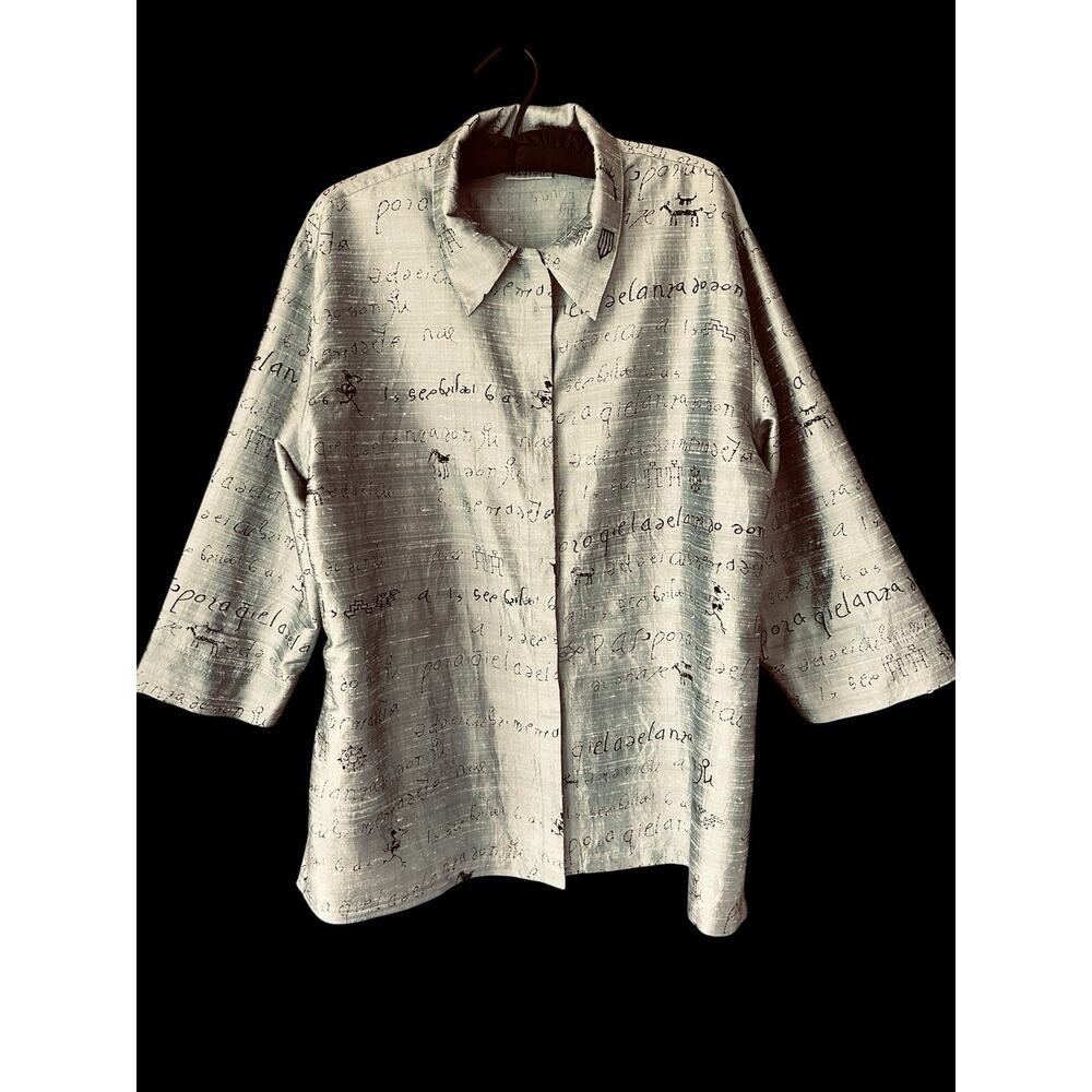 CHICO'S DESIGN Vintage Kachina Tribal Cave Drawing 100% Silk Shirt Top Sz. 3-XL
